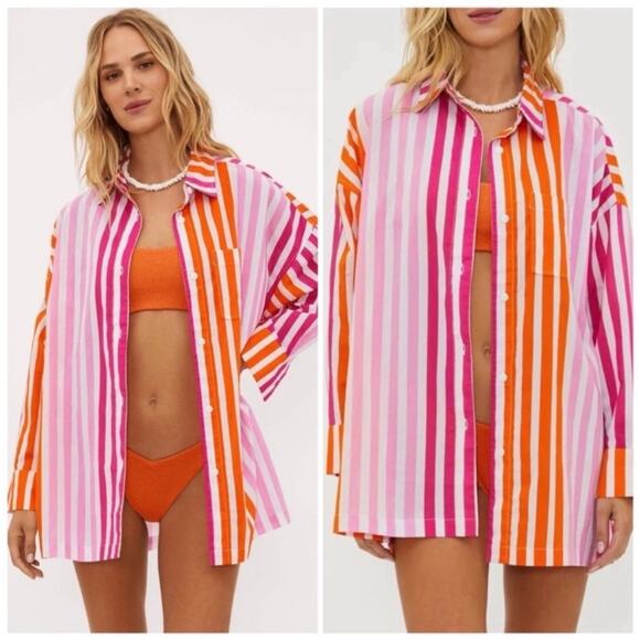 Beach Riot Tops - Beach Riot Alexa Top in Sunset Stripes, Orange/Pink, Size S/M
